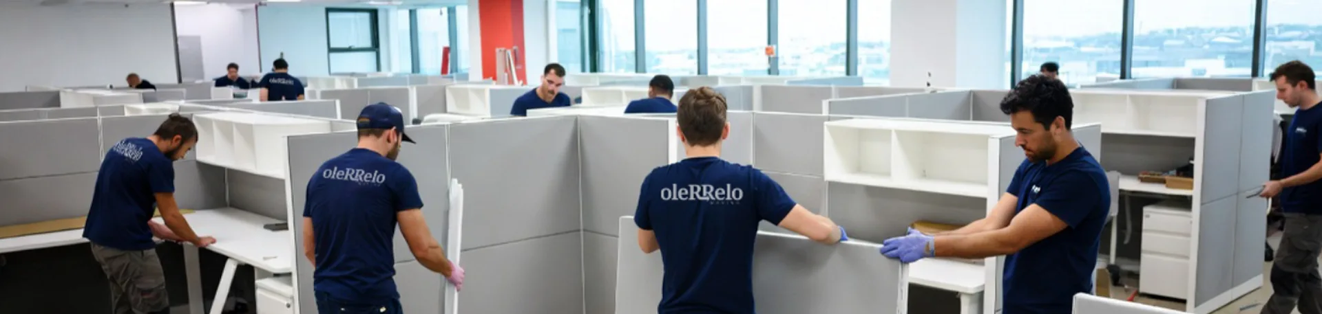 Modular Furniture Reassembly | Oler Relo Moving Oler Relo crew reassembling modular cubicle workstations in an open-plan office during a commercial move