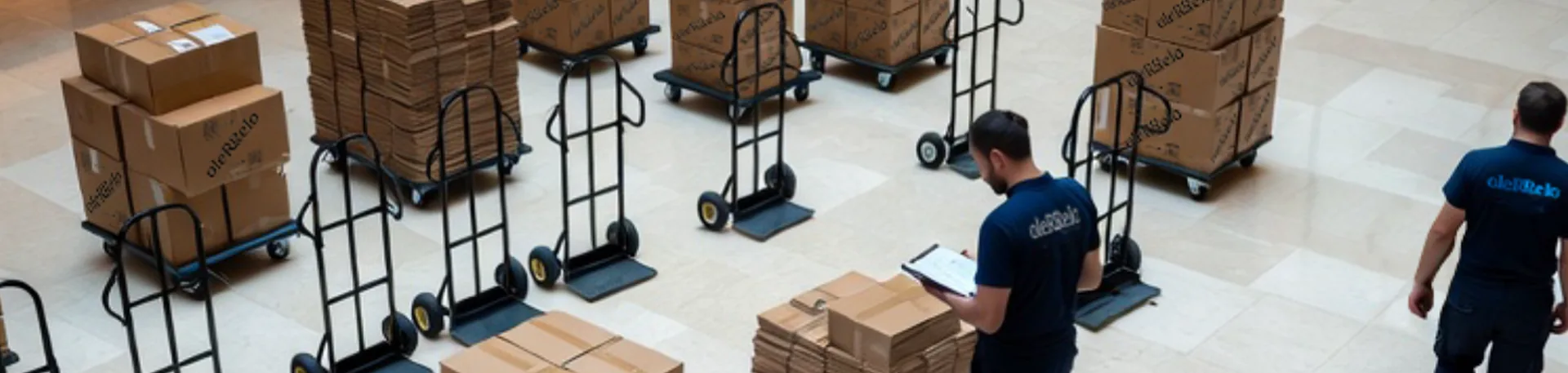 Staging a Commercial Move | Oler Relo Moving Oler Relo crew staging hand trucks and stacked moving boxes in an office lobby for a commercial move