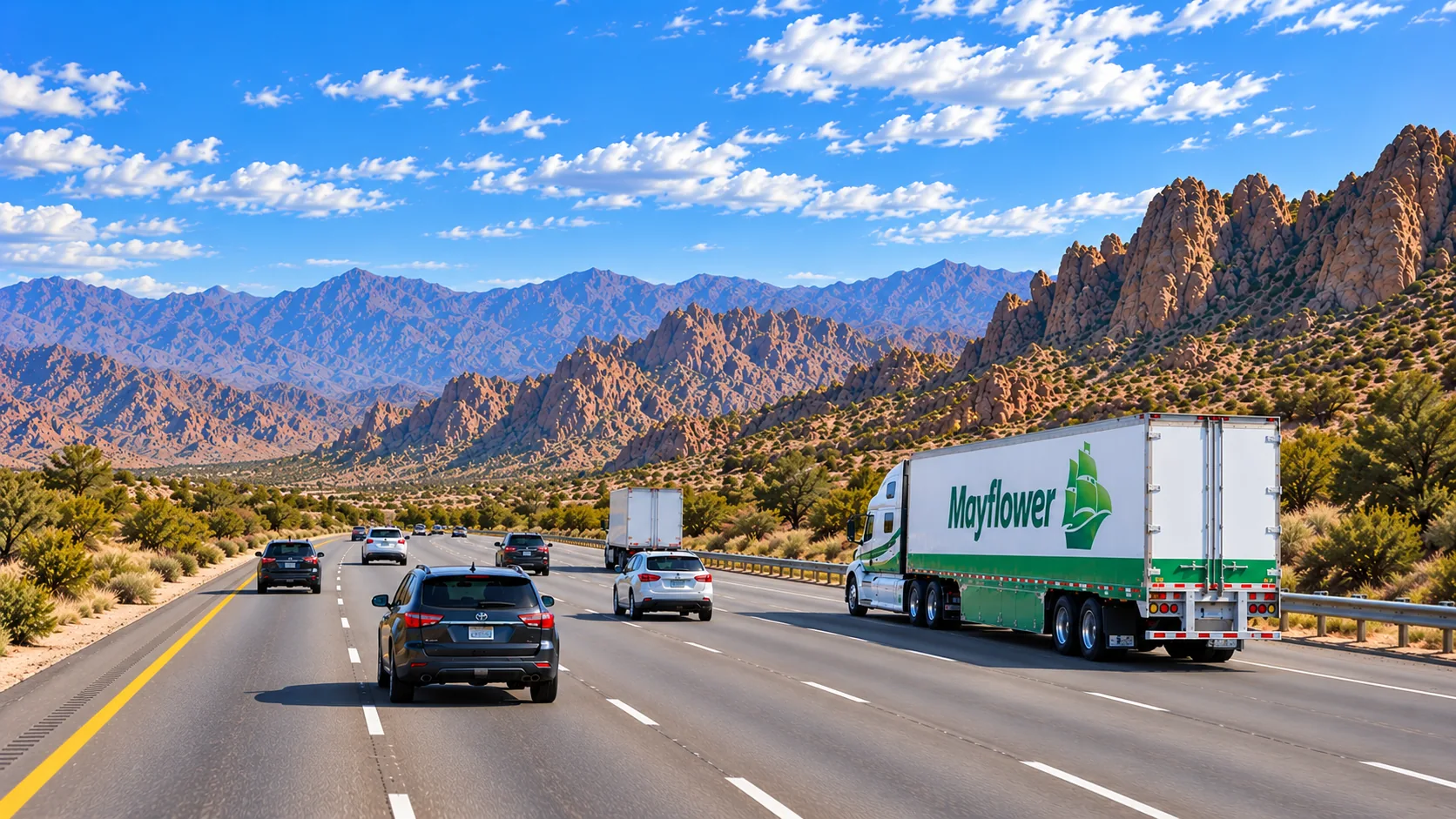 Out-of-State Moving Truck on the Interstate | Oler Relo Moving A Mayflower tractor-trailer hauling an Oler Relo Moving load along a desert interstate for an out-of-state move
