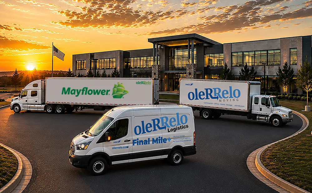 Oler Relo and Mayflower Commercial Fleet Mayflower tractor-trailer, Oler Relo Moving box truck and Oler Relo Logistics Final Mile van outside an office at sunset