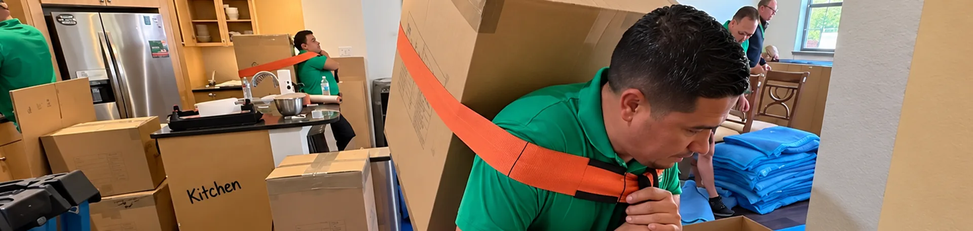 Careful Local Move Packing | Oler Relo Moving Oler Relo Moving crew packing and carrying labeled kitchen boxes during a professional local move