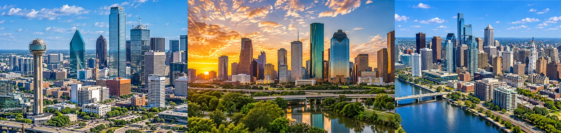 Houston, Dallas-Fort Worth and Philadelphia Local Moving Markets | Oler Relo Moving Downtown skylines of Houston, Dallas, and Philadelphia, the three metro markets Oler Relo Moving serves for local moves