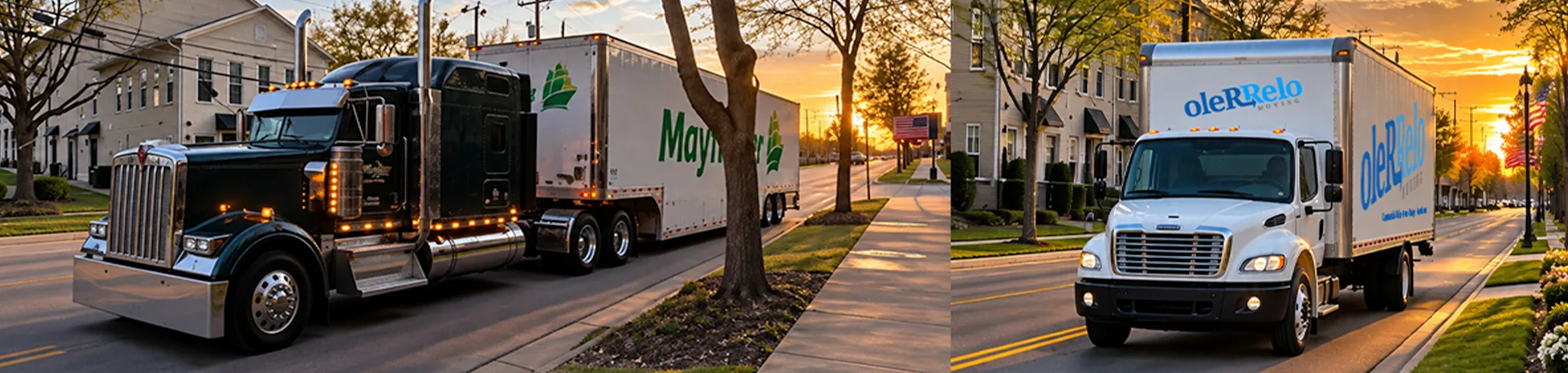 Mayflower Transit and Oler Relo Moving Trucks | Local Moving Advantage A Mayflower tractor-trailer and an Oler Relo Moving local truck parked side by side, reflecting the Mayflower Transit partnership