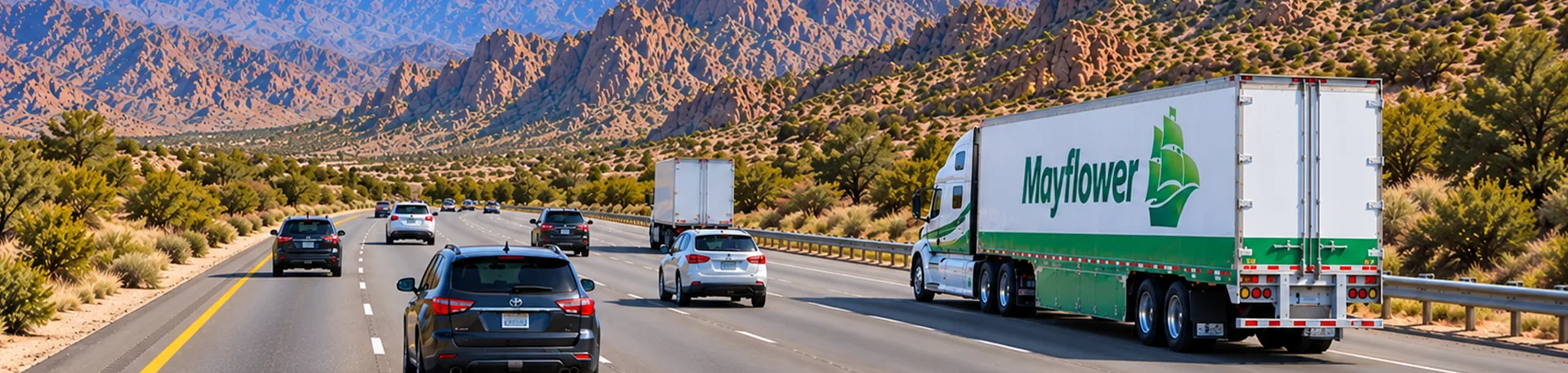 Out-of-State Moving Across the Country | Oler Relo Moving A Mayflower tractor-trailer hauling an Oler Relo Moving load along a highway through desert mountains on an out-of-state move