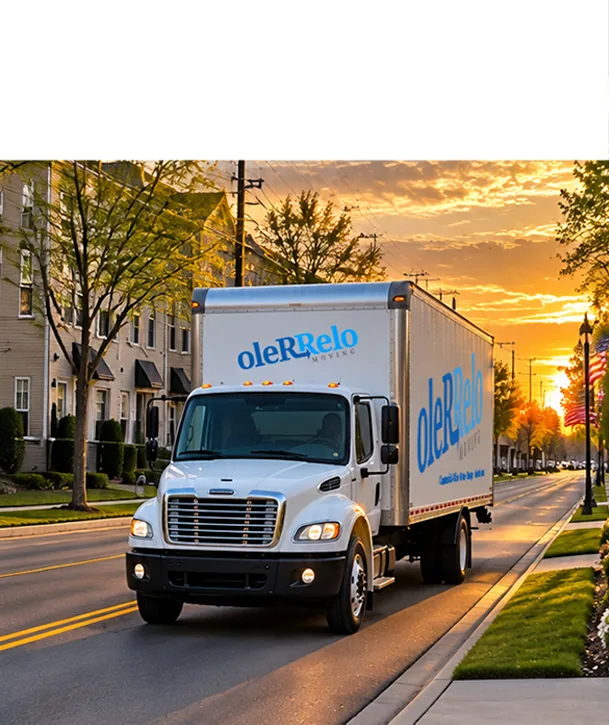 Local Moving Truck on a Residential Street | Oler Relo Moving An Oler Relo Moving box truck driving down a tree-lined residential street at sunset on a local move