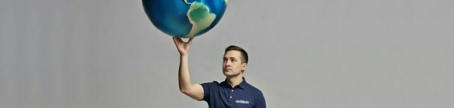 Interstate and International Commercial Moves | Oler Relo Man in an Oler Relo polo shirt balancing a globe on one hand, for interstate and international commercial moves